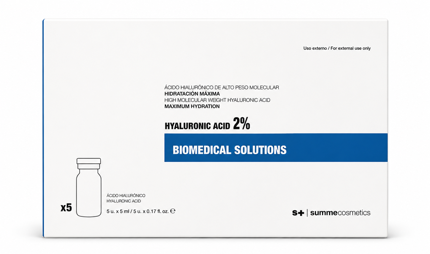 Hyaluronic Acid 2% — Ácido hialurónico de alto peso molecular. Hidratación máxima en 5 viales x 5ml.